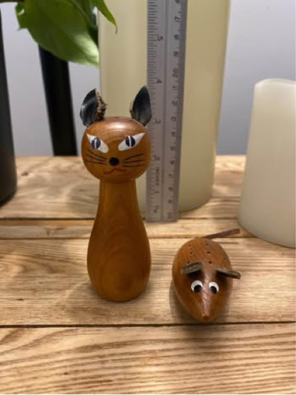 Vintage Teak Wood Cat & Mouse Salt and Pepper Shakers - Mid Century Modern